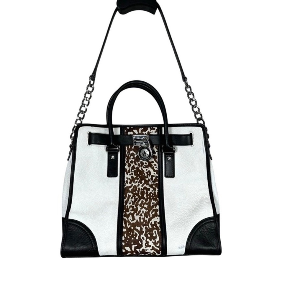 Michael Kors Hamilton Satchel Tote Bag White Black Animal Print Leather Lock